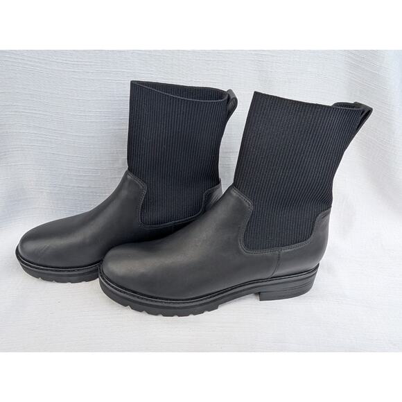 Eileen Fisher Womens Black Leather Stretch Knit Chelsea Boot Sz 8.5 Sock Boot - Picture 1 of 8
